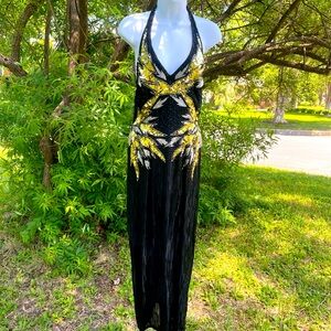 Fabulous vintage gold/black beaded halter dress Small